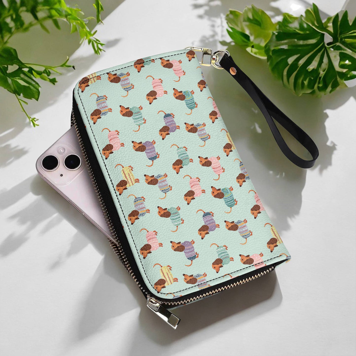  Leather Clutch Purse With Wristlet Strap Handle Colorful Dachshunds Ver2
