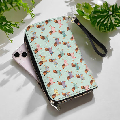  Leather Clutch Purse With Wristlet Strap Handle Colorful Dachshunds Ver2