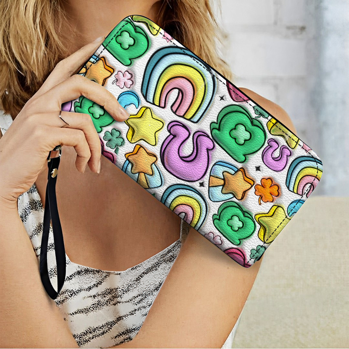  Leather Clutch Purse With Wristlet Strap Handle Lucky Charms