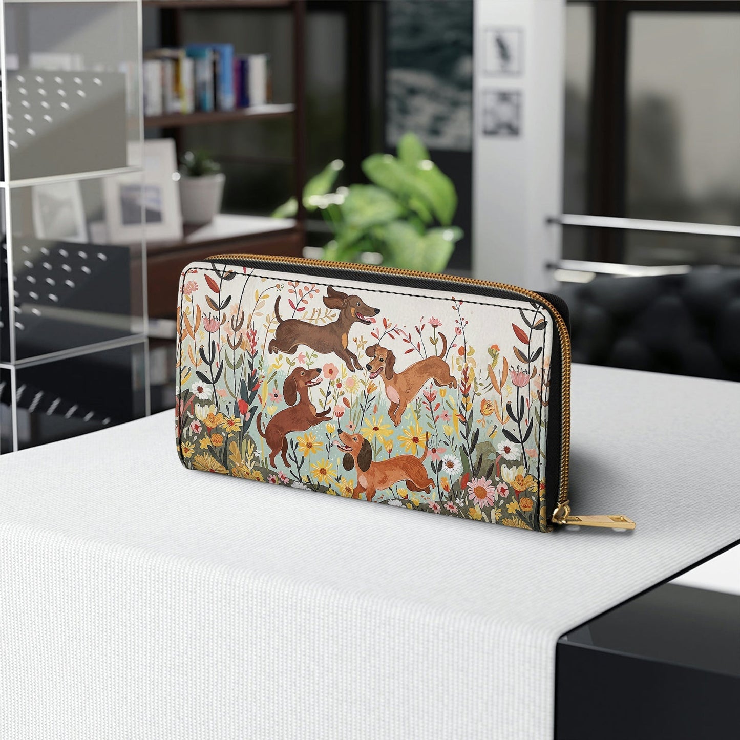  Leather Clutch Purse With Wristlet Strap Handle Dachshund Floral