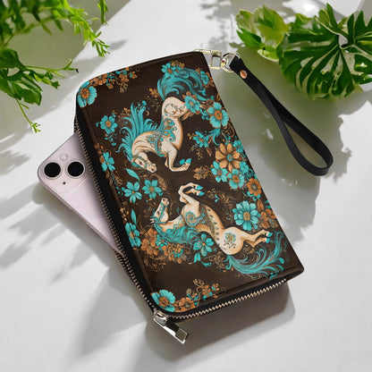  Leather Clutch Purse With Wristlet Strap Handle Mystic Horse Blossom