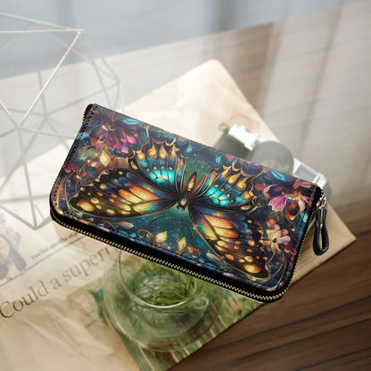  Leather Clutch Purse With Wristlet Strap Handle Butterfly Twilight Glow