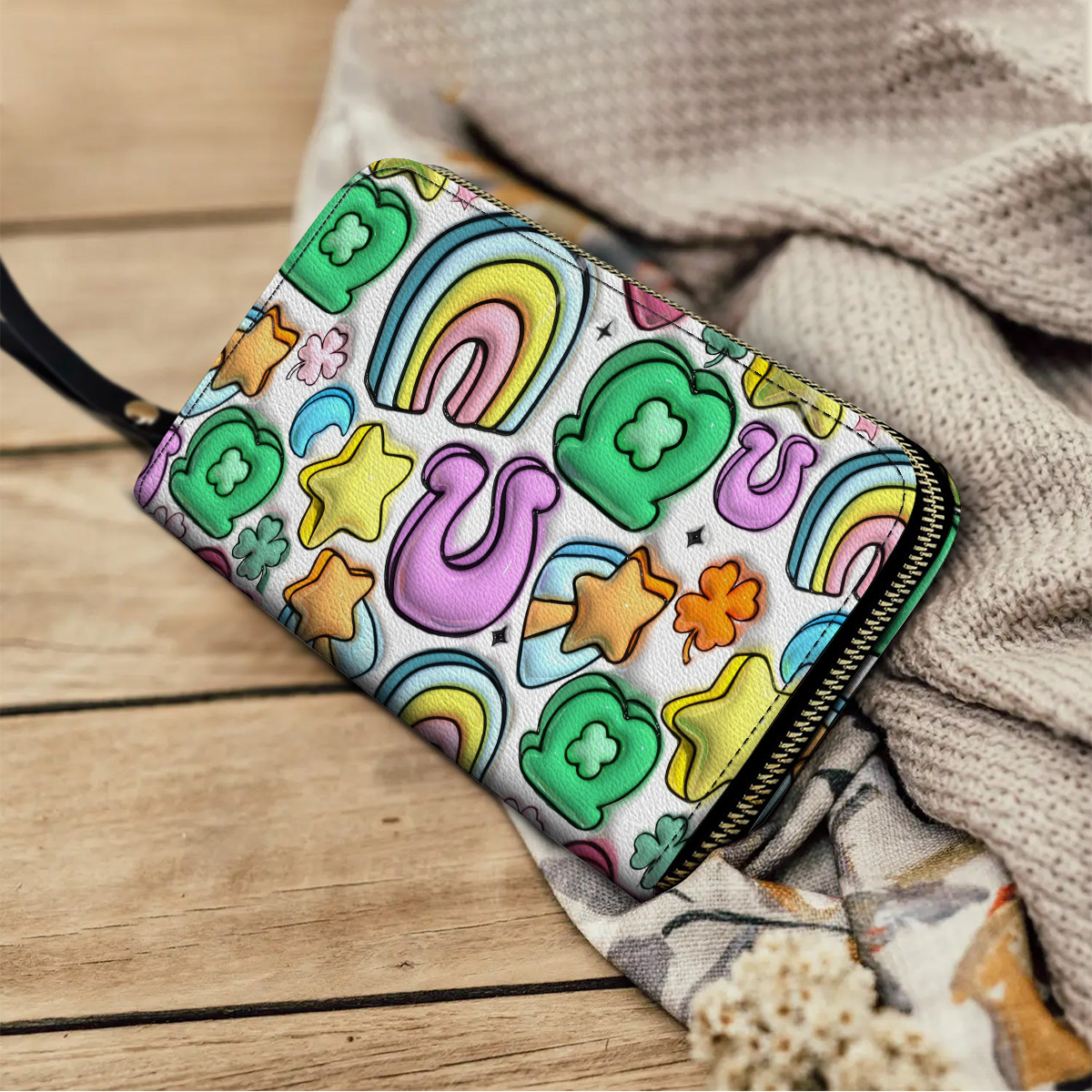  Leather Clutch Purse With Wristlet Strap Handle Lucky Charms
