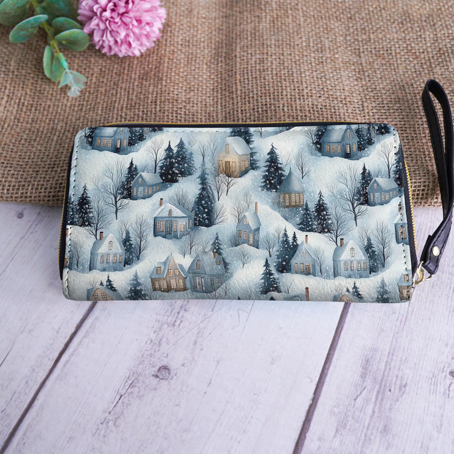  Leather Clutch Purse With Wristlet Strap Handle Snow Village