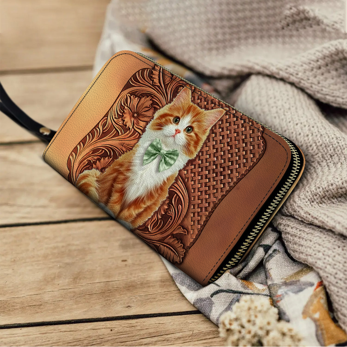  Leather Clutch Purse With Wristlet Strap Handle Charming Whiskers