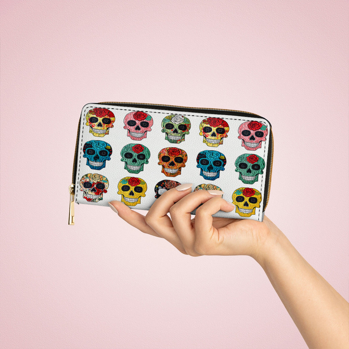  Leather Clutch Purse With Wristlet Strap Handle Colorful Sugar Skull Roses