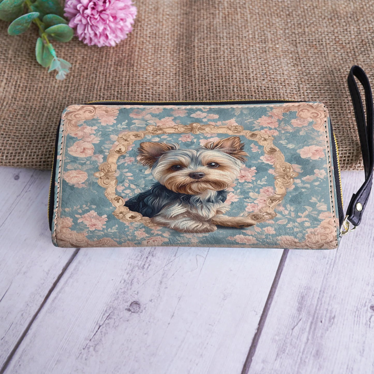  Leather Clutch Purse With Wristlet Strap Handle Yorkie Blossom Elegance