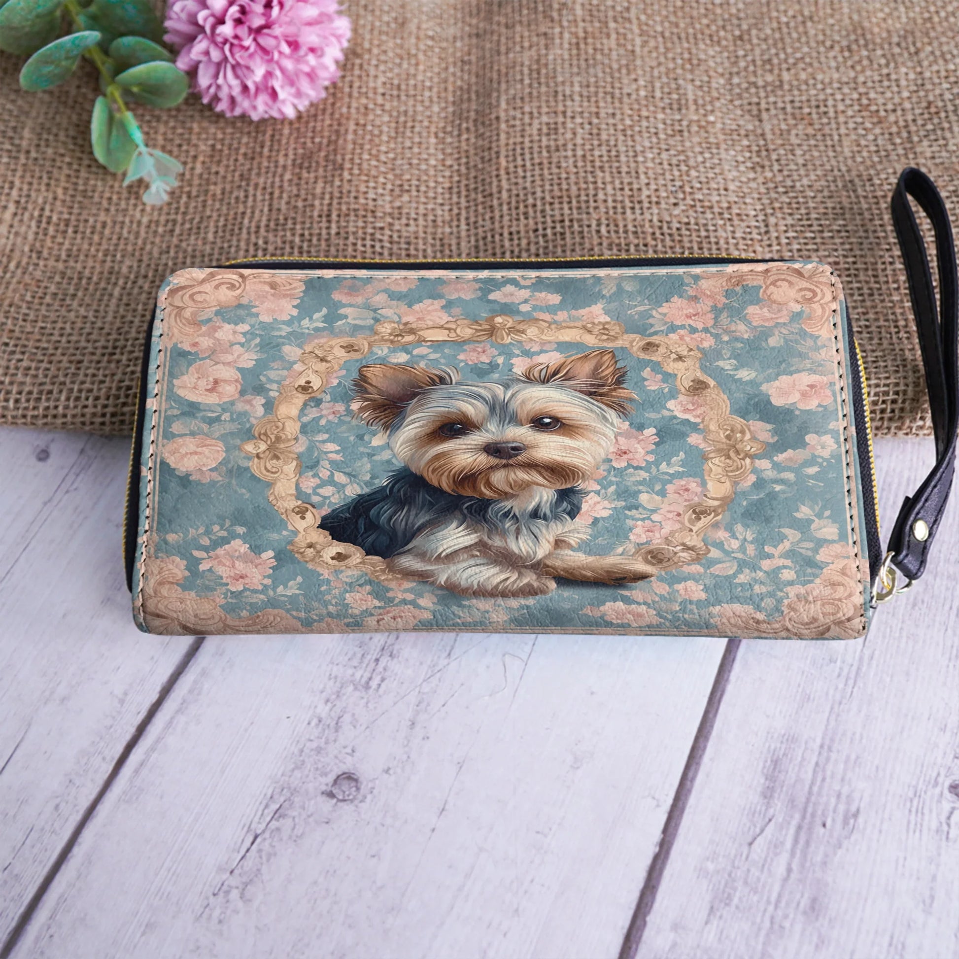  Leather Clutch Purse With Wristlet Strap Handle Yorkie Blossom Elegance
