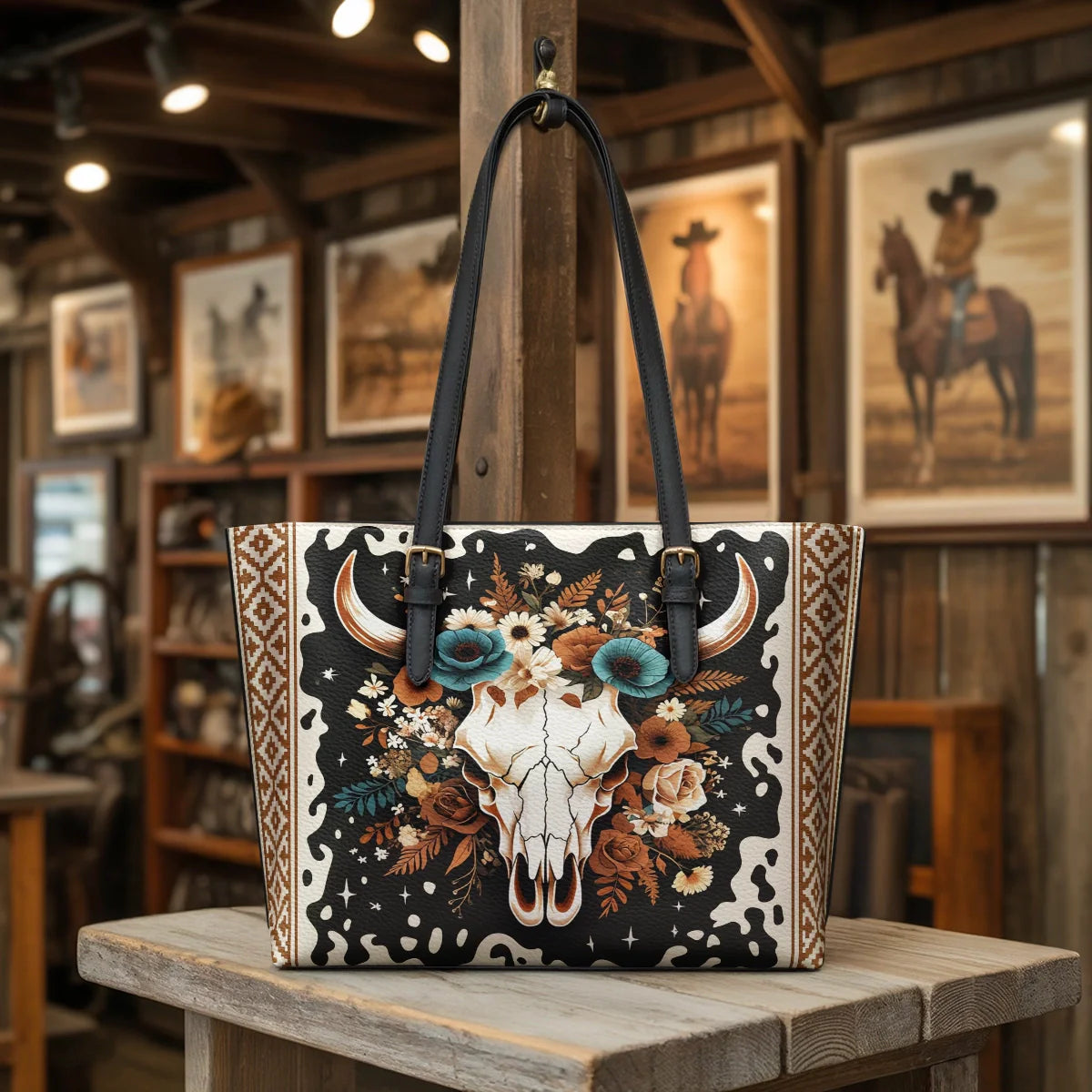  Floral Longhorn Spirit Leather Tote Bag