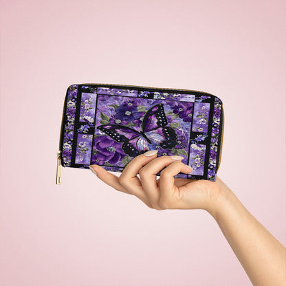  Leather Clutch Purse With Wristlet Strap Handle Gorgeous Purple Butterfly Flowers
