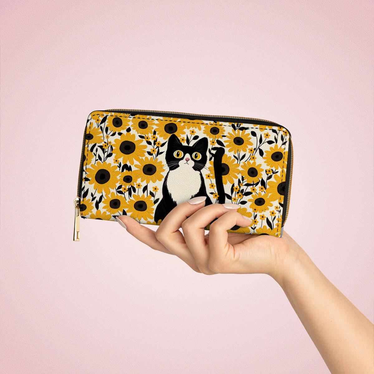  Leather Clutch Purse With Wristlet Strap Handle Leather Bag Cat In Sunflower Garden