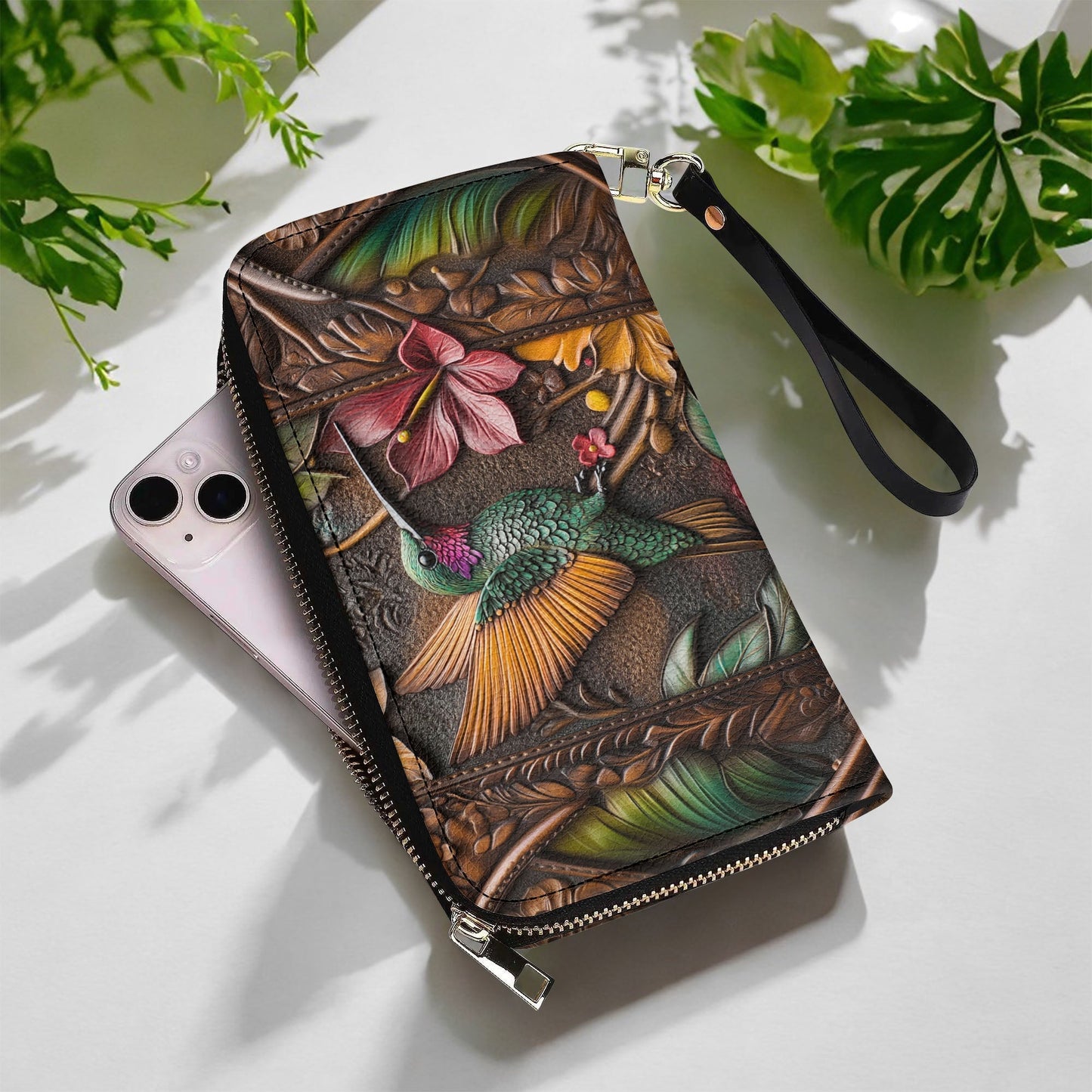  Leather Clutch Purse With Wristlet Strap Handle Embossed Hummingbird