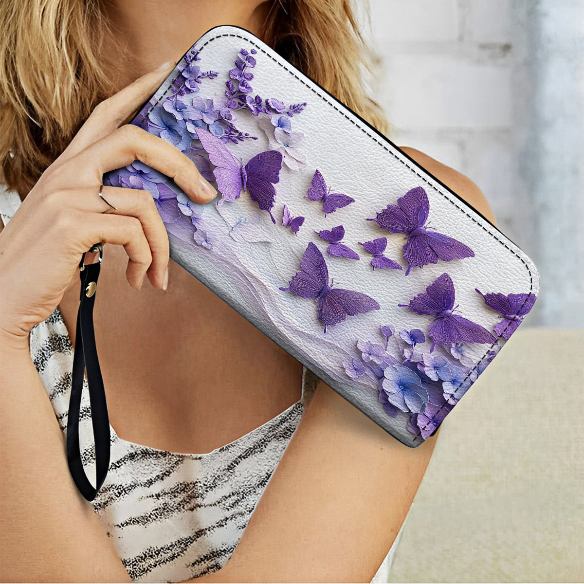  Leather Clutch Purse With Wristlet Strap Handle Purple Blossom Wings