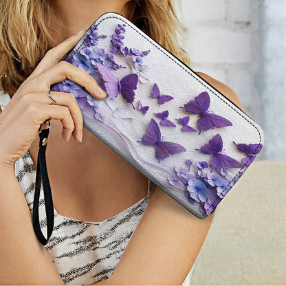  Leather Clutch Purse With Wristlet Strap Handle Purple Blossom Wings