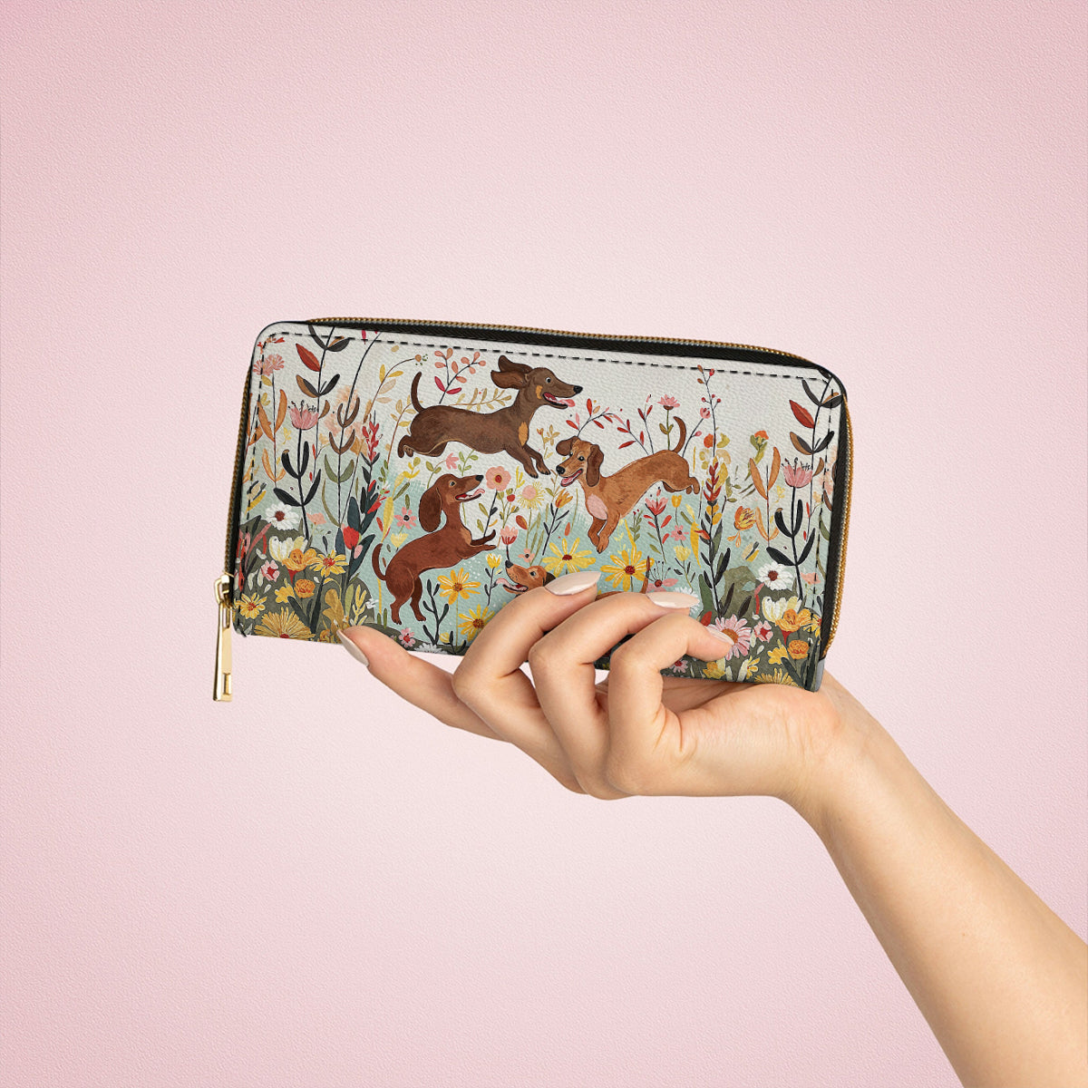  Leather Clutch Purse With Wristlet Strap Handle Dachshund Floral