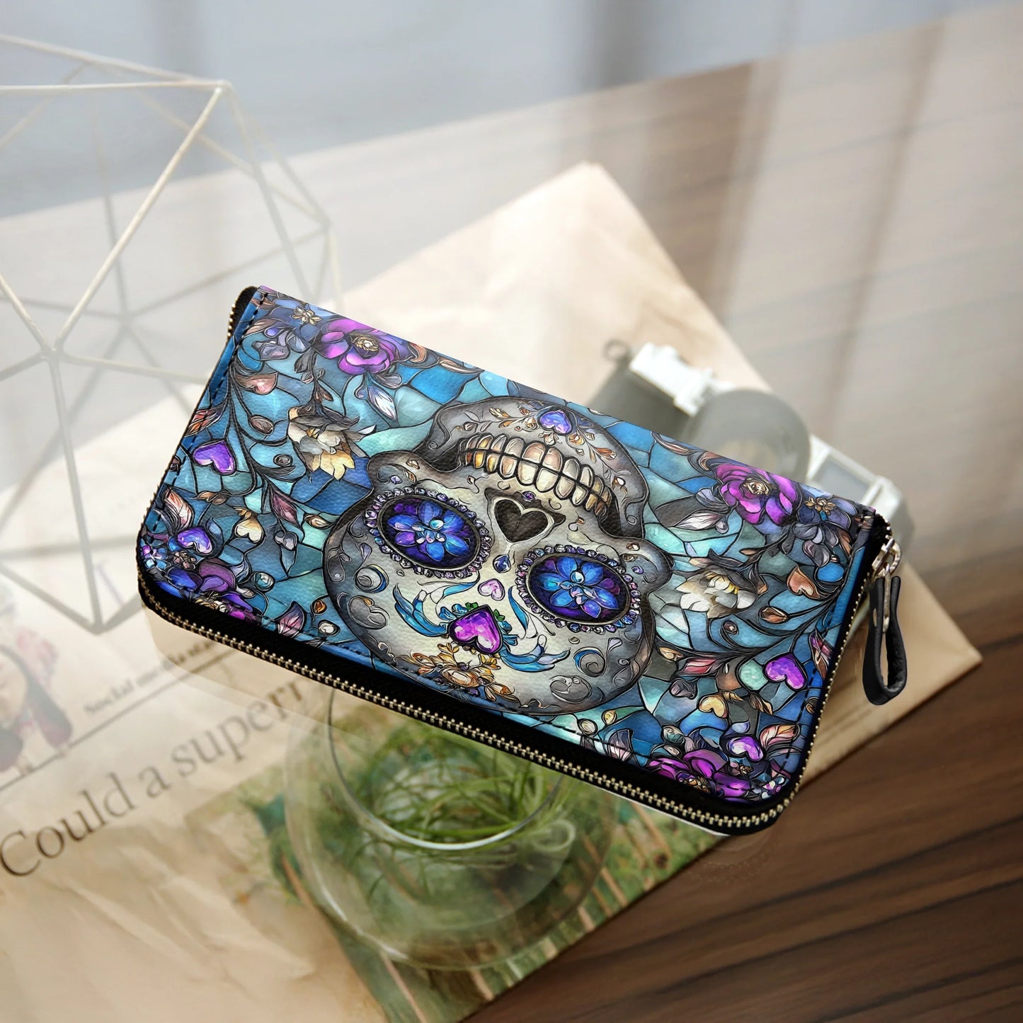  Leather Clutch Purse With Wristlet Strap Handle Lumina Gothic Skull