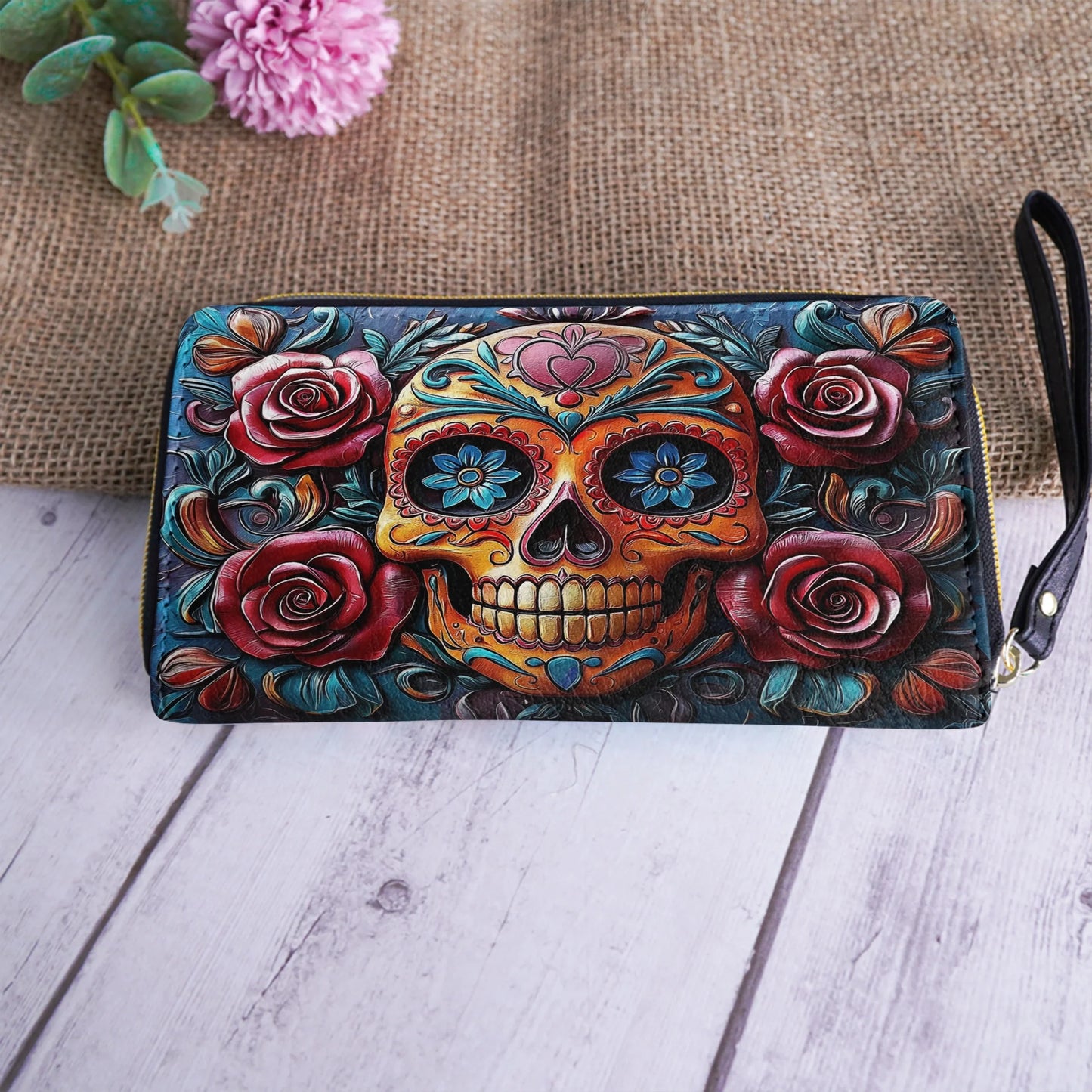  Leather Clutch Purse With Wristlet Strap Handle Vivid Skull and Roses