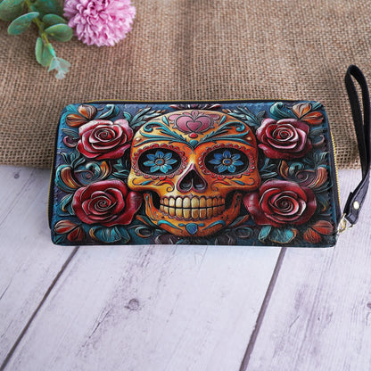  Leather Clutch Purse With Wristlet Strap Handle Vivid Skull and Roses