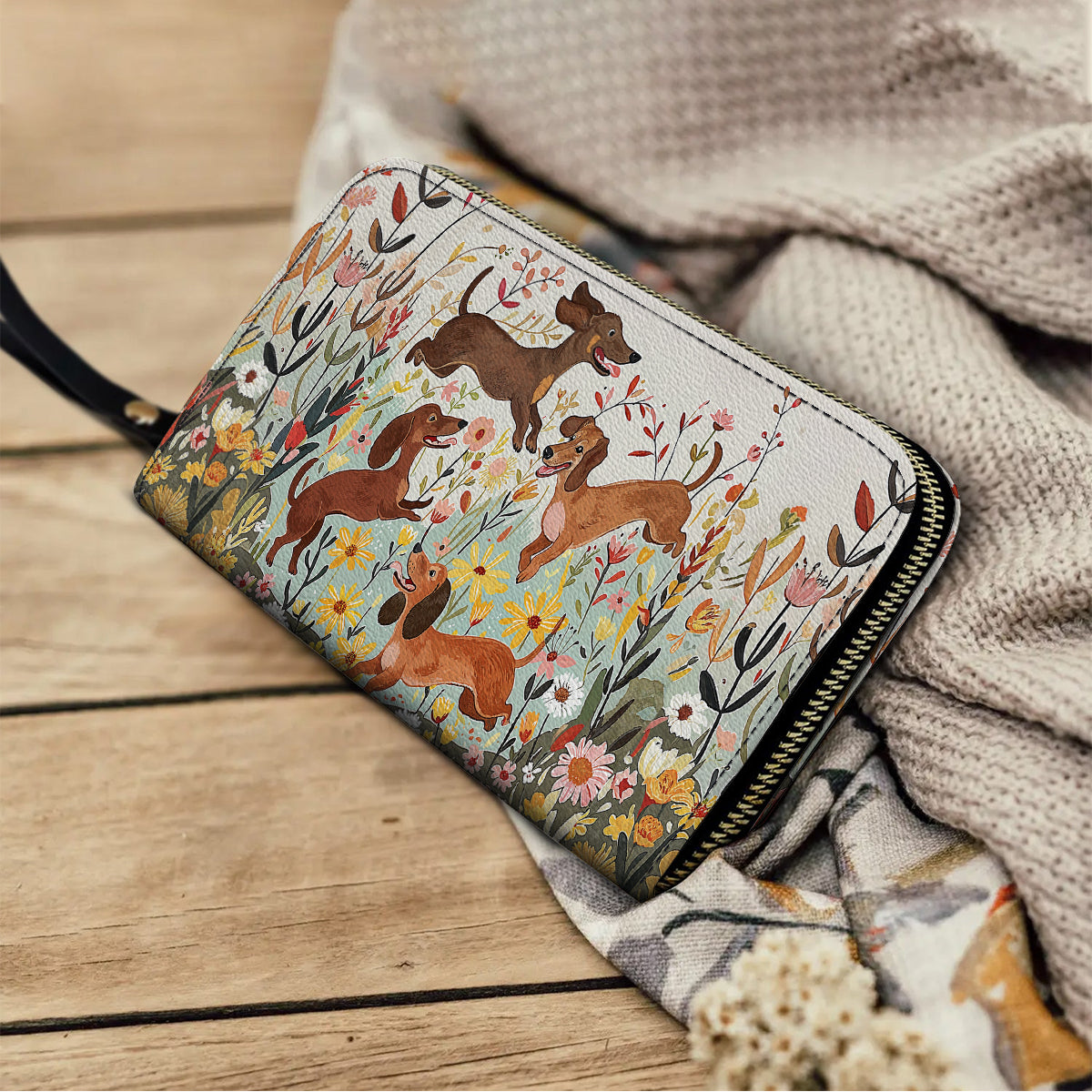  Leather Clutch Purse With Wristlet Strap Handle Dachshund Floral