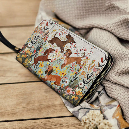 Leather Clutch Purse With Wristlet Strap Handle Dachshund Floral