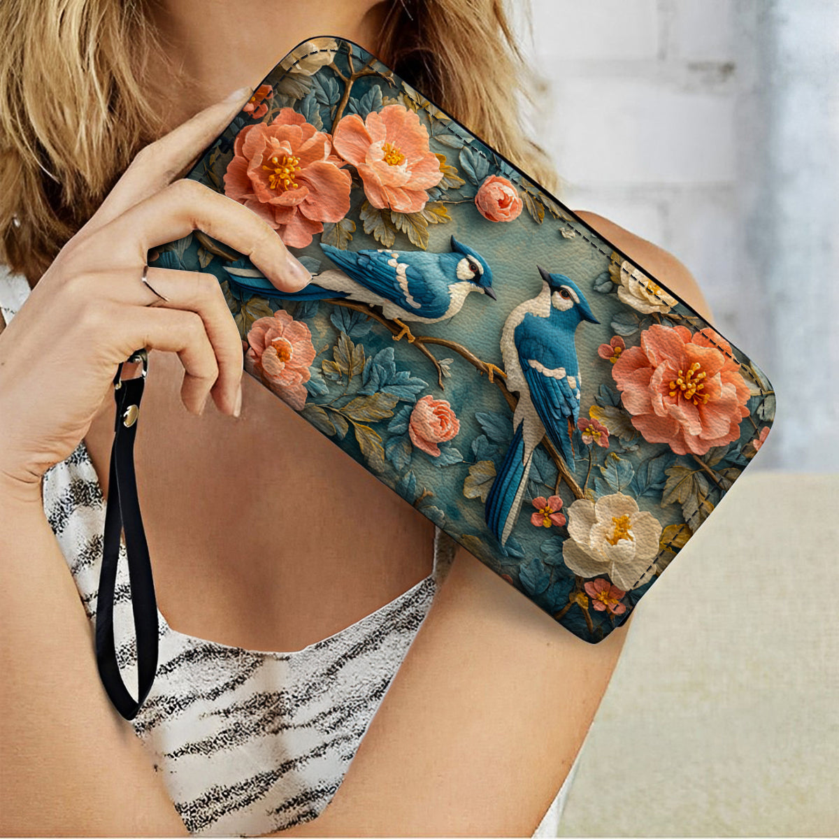  Leather Clutch Purse With Wristlet Strap Handle Bluejay Serenade