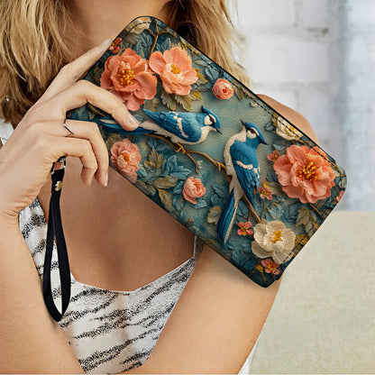  Leather Clutch Purse With Wristlet Strap Handle Bluejay Serenade