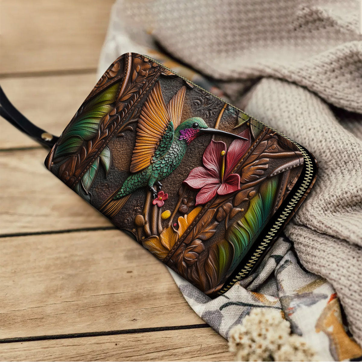  Leather Clutch Purse With Wristlet Strap Handle Embossed Hummingbird