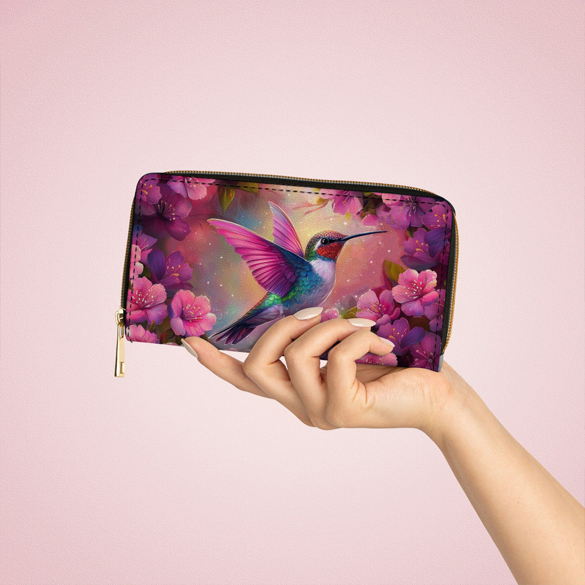  Leather Clutch Purse With Wristlet Strap Handle Blossom Hummingbird