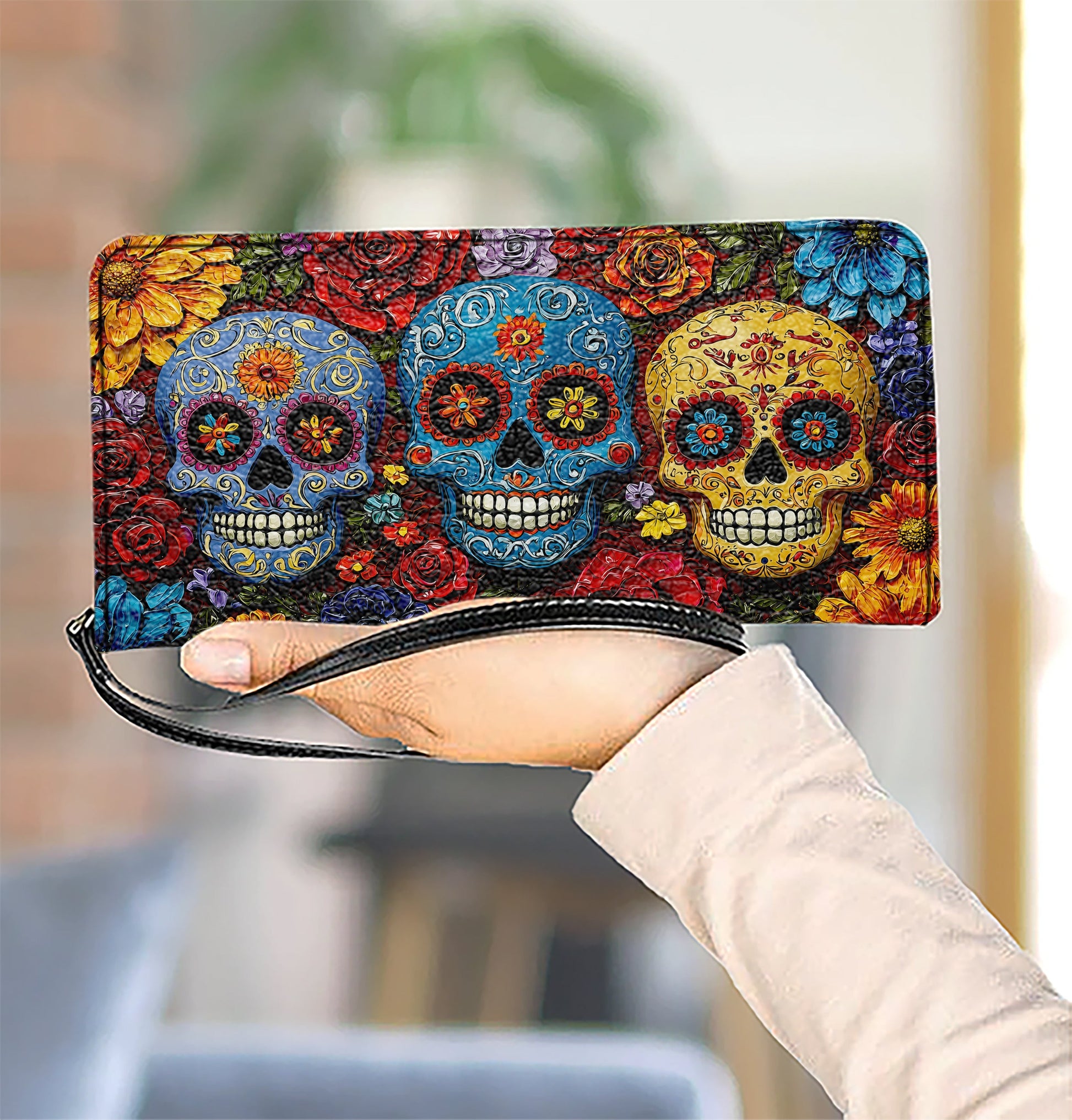  Leather Clutch Purse With Wristlet Strap Handle Floral Sugar Skull