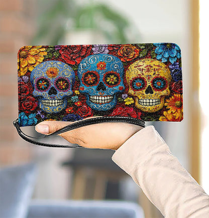  Leather Clutch Purse With Wristlet Strap Handle Floral Sugar Skull