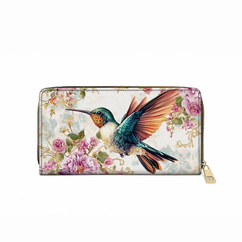  Leather Clutch Purse With Wristlet Strap Handle Ethereal Flight Hummingbird