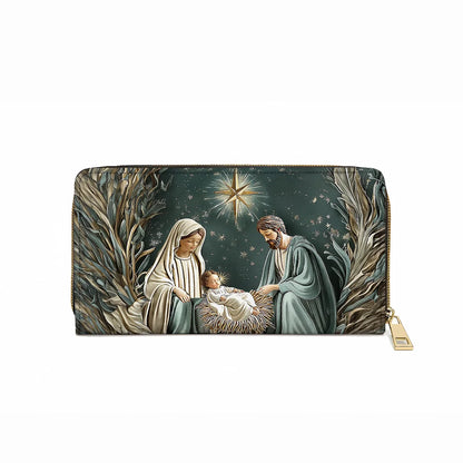  Leather Clutch Purse With Wristlet Strap Handle Divine Silent Night Nativity