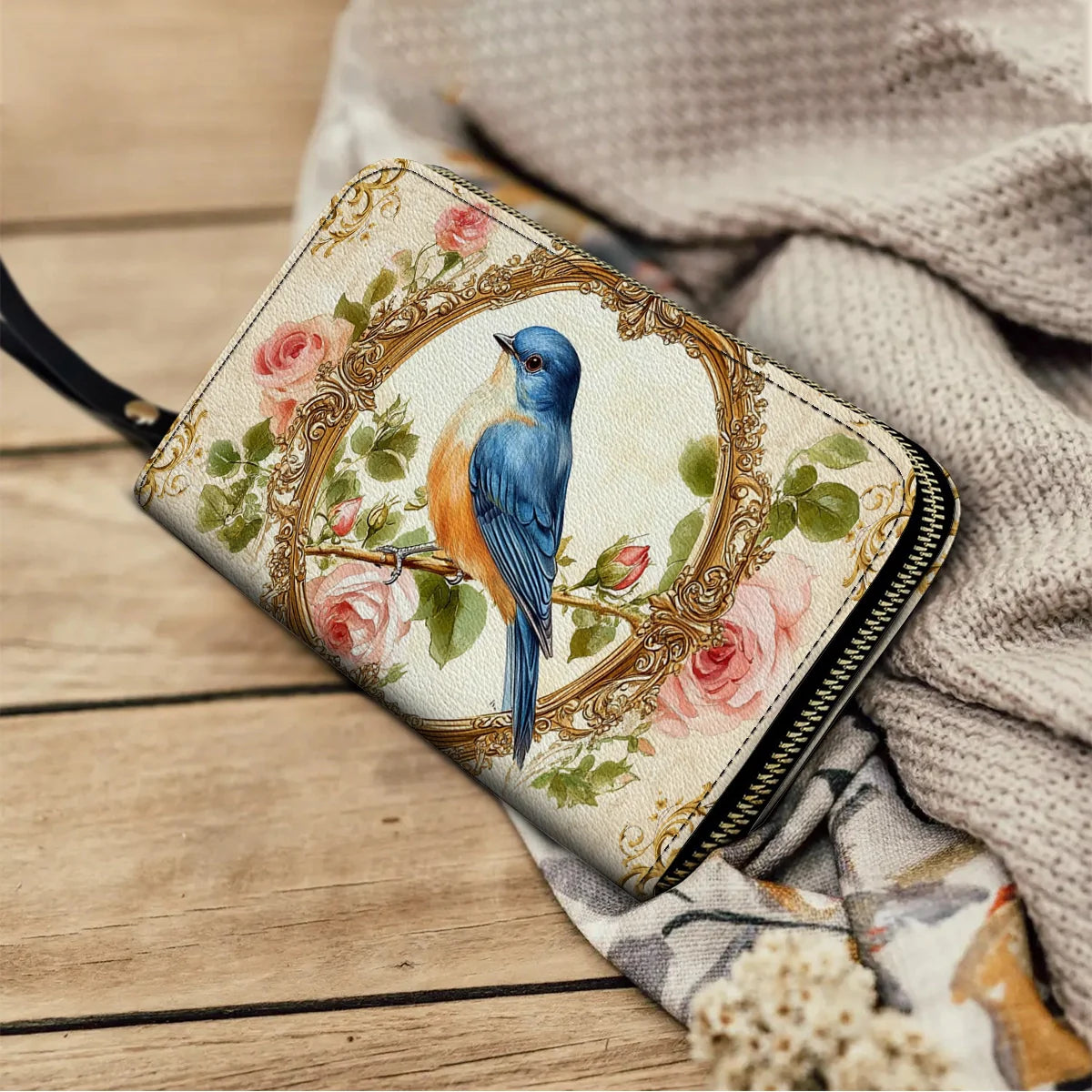  Leather Clutch Purse With Wristlet Strap Handle Royal Charm Bluebird
