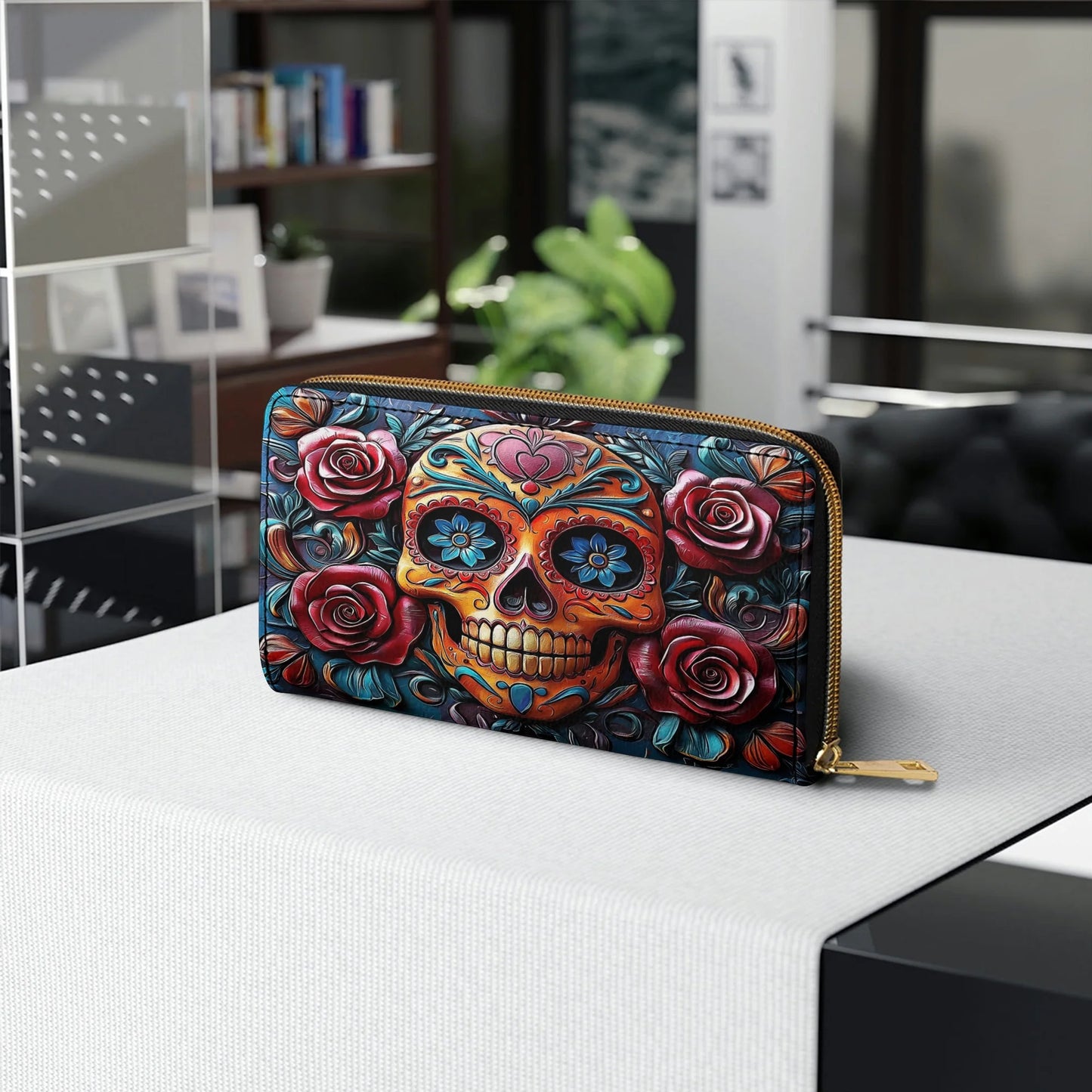  Leather Clutch Purse With Wristlet Strap Handle Vivid Skull and Roses