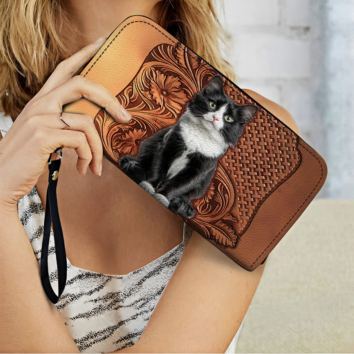  Leather Clutch Purse With Wristlet Strap Handle Tuxedo Charm