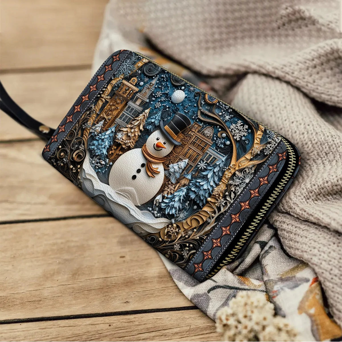  Leather Clutch Purse With Wristlet Strap Handle Frosty Night Cheer