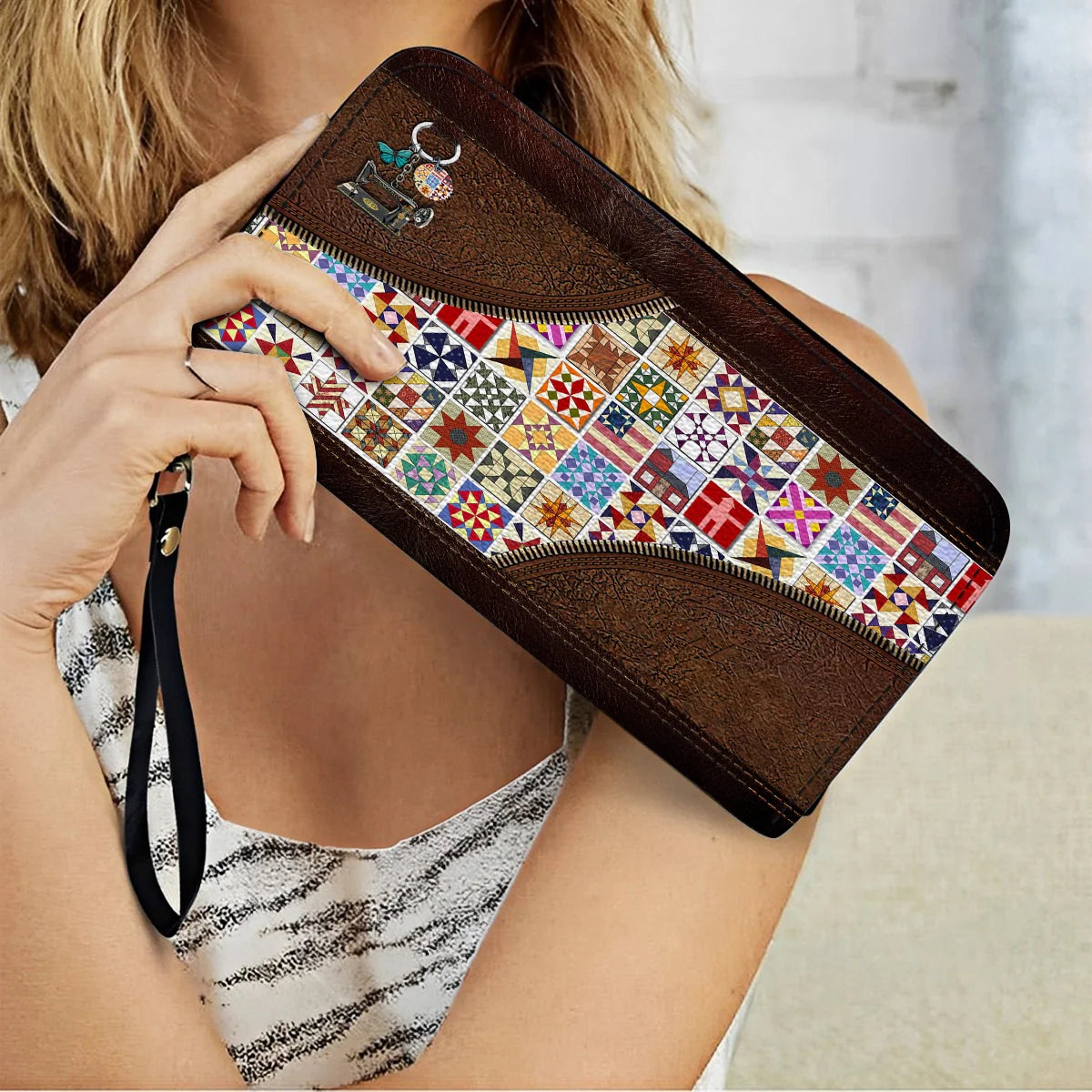  Leather Clutch Purse With Wristlet Strap Handle Quilt Blocks