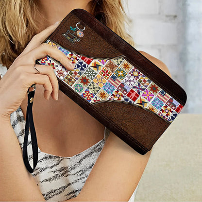  Leather Clutch Purse With Wristlet Strap Handle Quilt Blocks