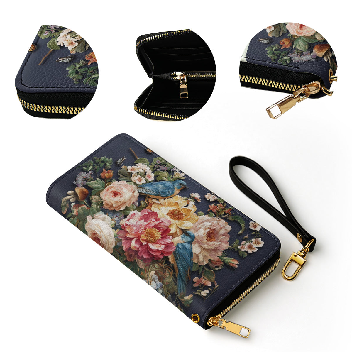  Leather Clutch Purse With Wristlet Strap Handle Midnight Bluebird Garden