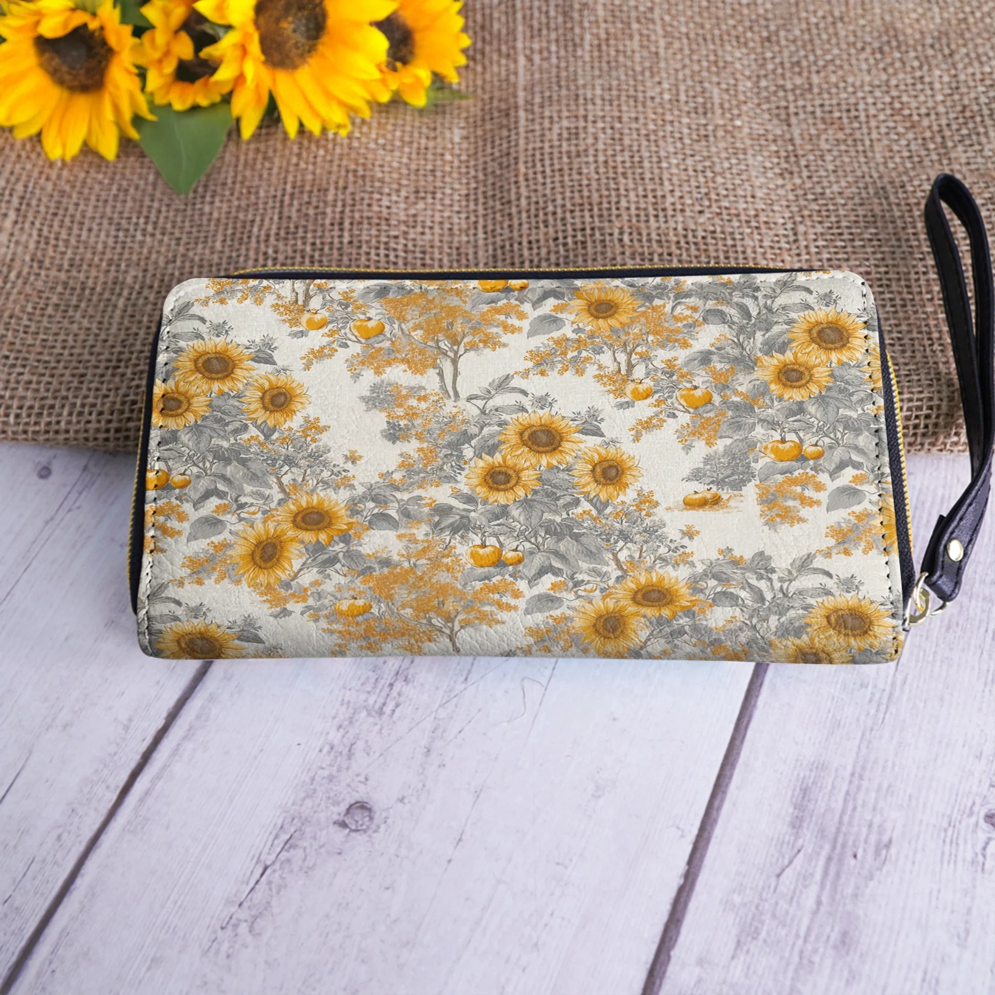  Leather Clutch Purse With Wristlet Strap Handle Georgia Sunshine Sunflower