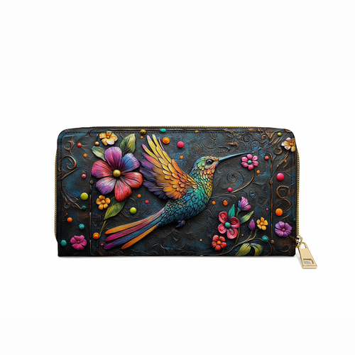  Leather Clutch Purse With Wristlet Strap Handle Hummingbird Gorgeous