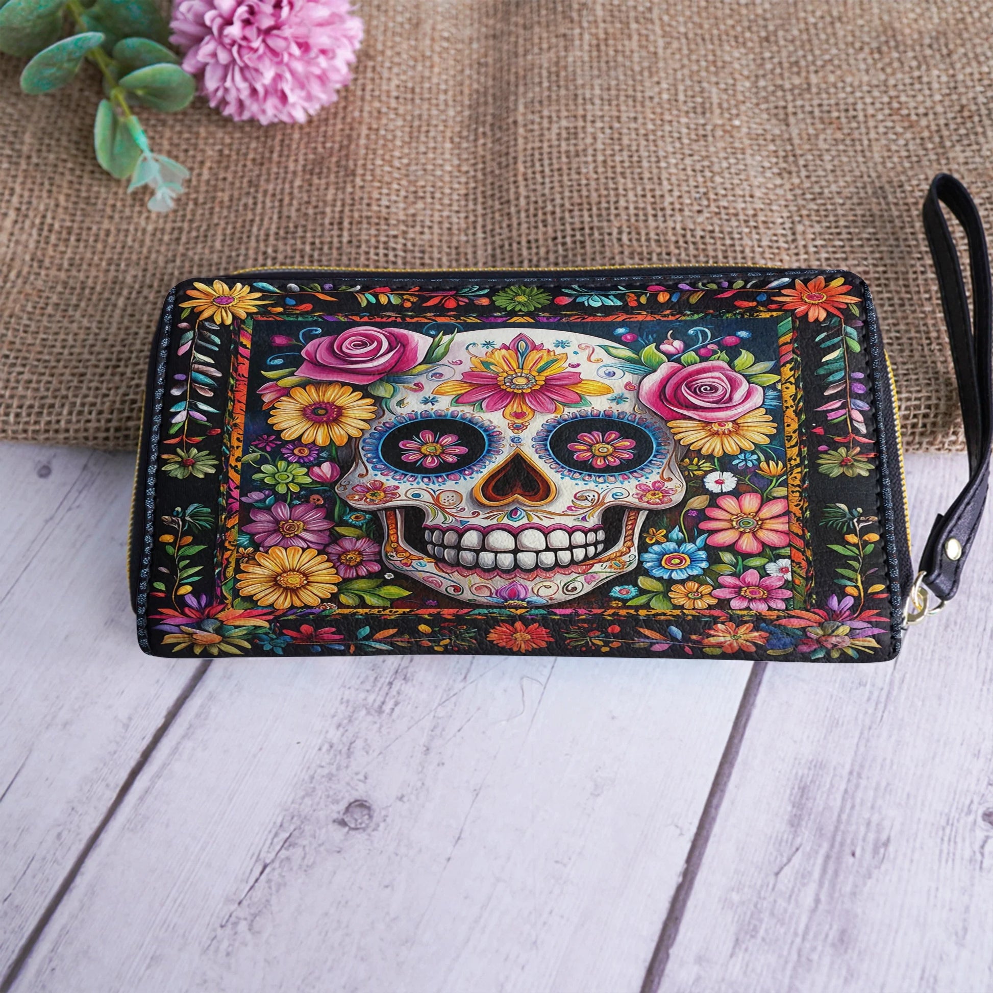  Leather Clutch Purse With Wristlet Strap Handle Calavera Floral Dreams