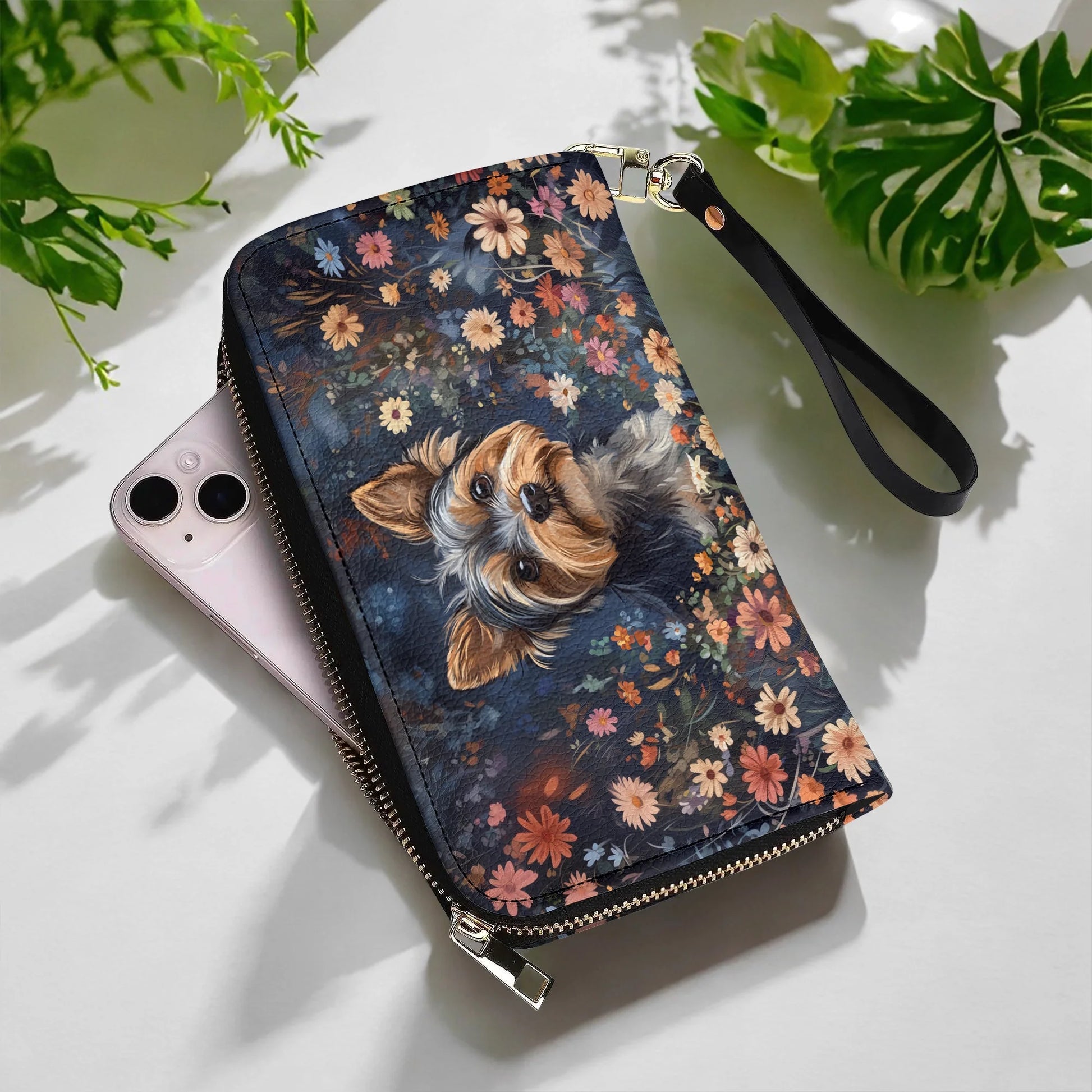  Leather Clutch Purse With Wristlet Strap Handle Enchanted Yorkie Bloom