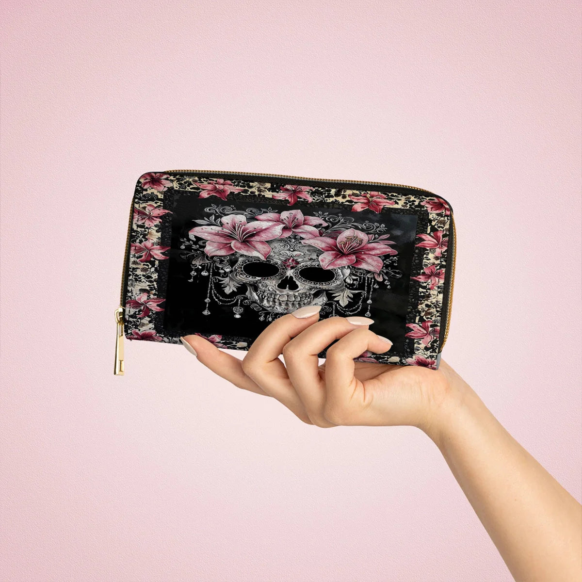  Leather Clutch Purse With Wristlet Strap Handle Beautiful Sugar Skull With Lilies