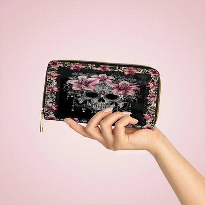  Leather Clutch Purse With Wristlet Strap Handle Beautiful Sugar Skull With Lilies