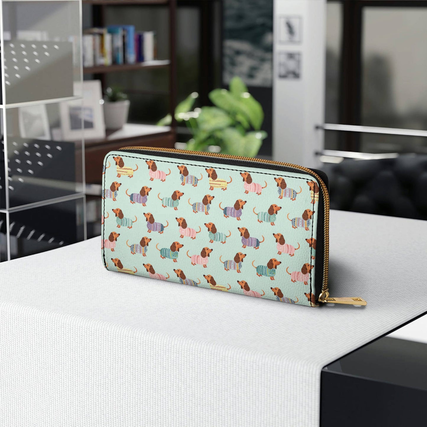  Leather Clutch Purse With Wristlet Strap Handle Colorful Dachshunds Ver2