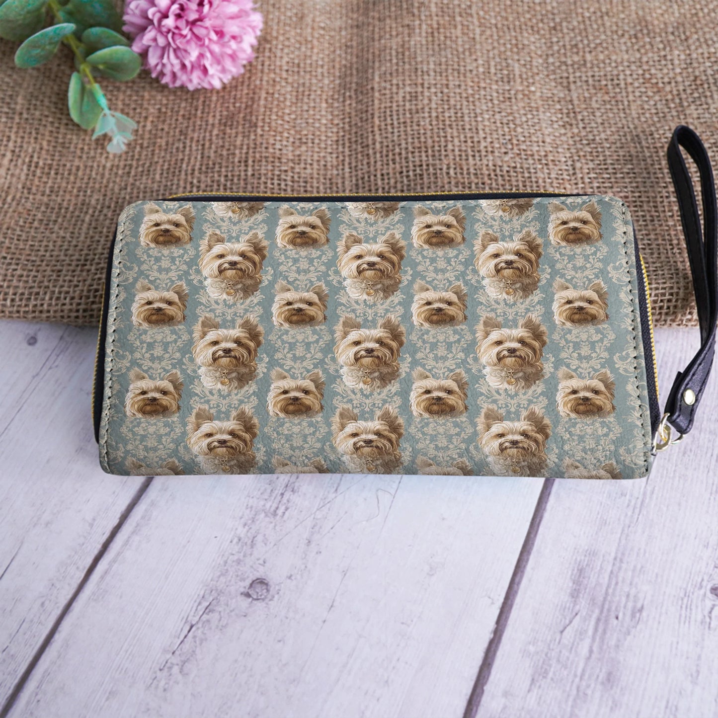  Leather Clutch Purse With Wristlet Strap Handle Yorkie Regal Delight