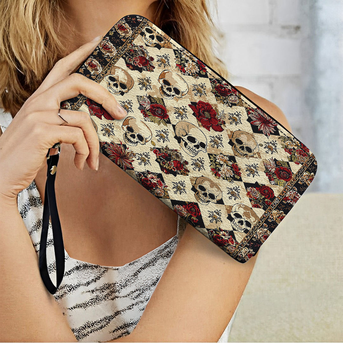  Leather Clutch Purse With Wristlet Strap Handle Elegant Skull Roses