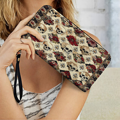 Leather Clutch Purse With Wristlet Strap Handle Elegant Skull Roses