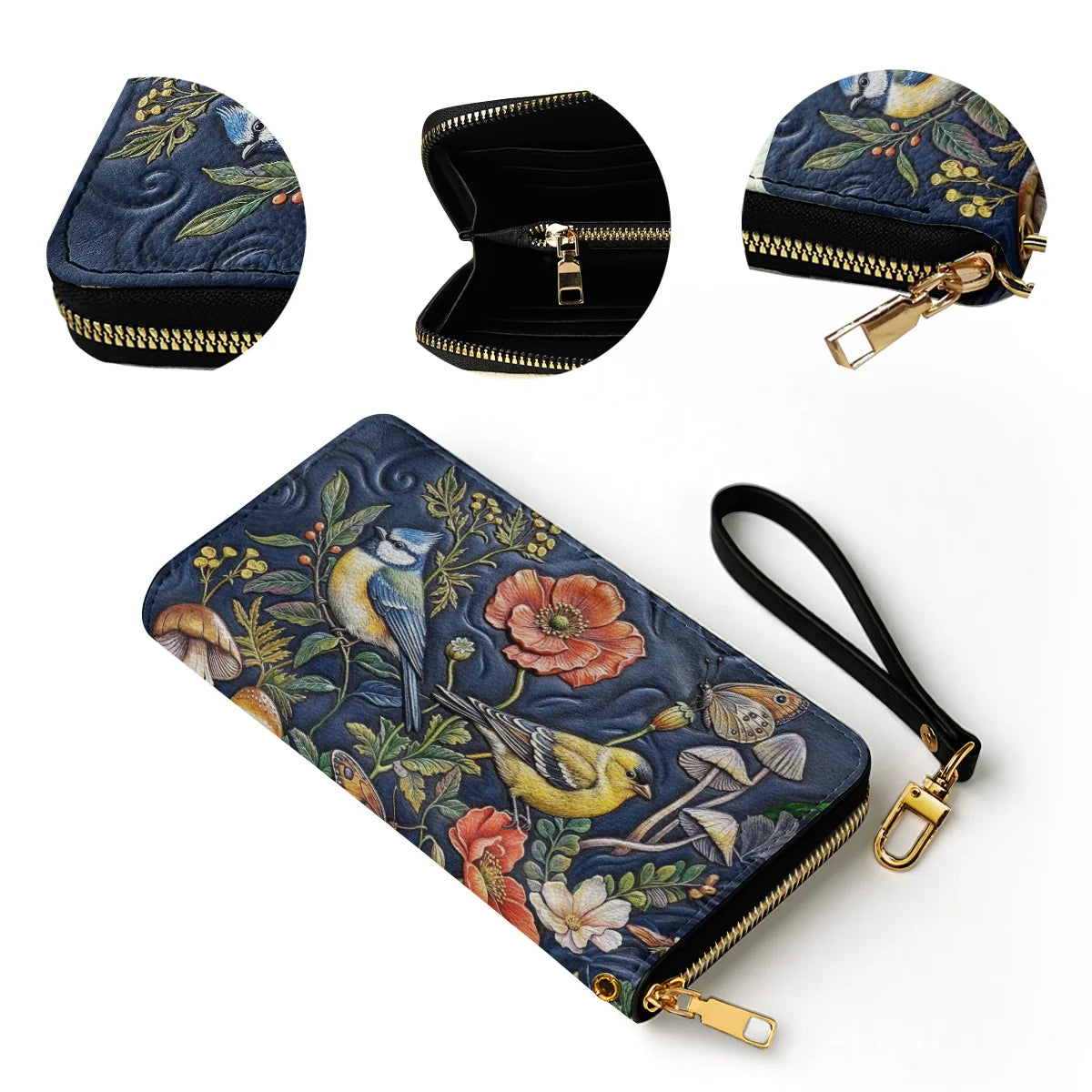  Leather Clutch Purse With Wristlet Strap Handle Midnight Garden